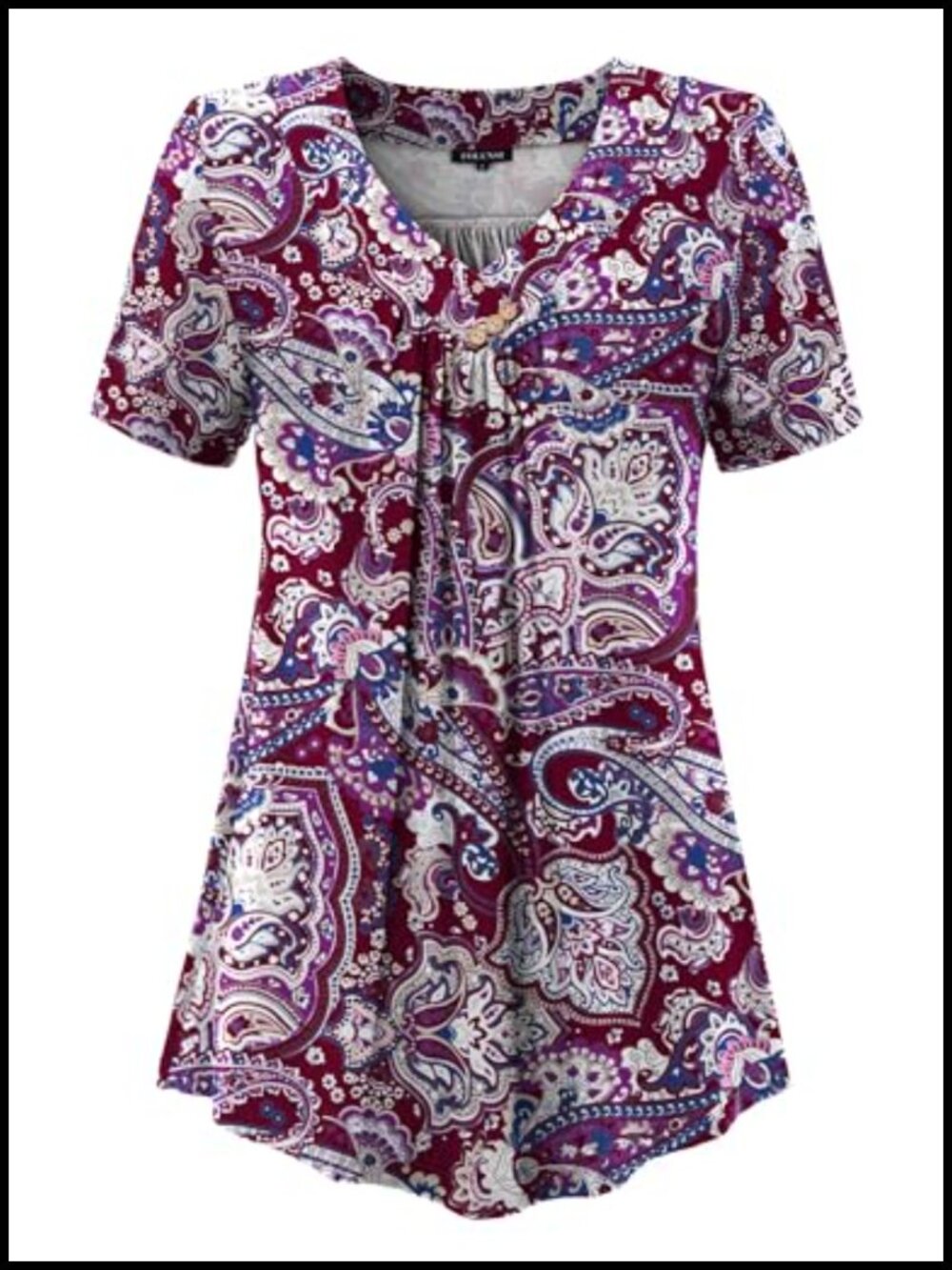 Plus Size Floral V-Neck Short Sleeve Tunic Blouse with Pleated Front